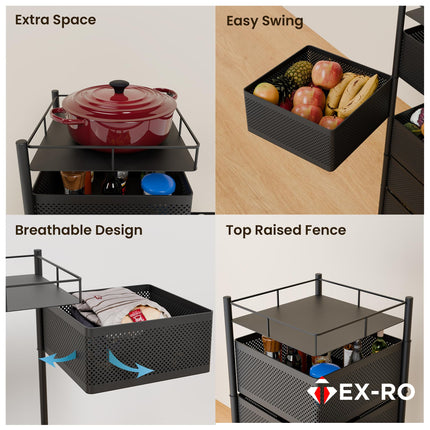 TEX-RO Kitchen Trolley with Wheels, Kitchen Organizer Items and Storage Solutions for Square Kitchen Organizer and Kitchen Accessories Items (Black,Layer 5) Metal 