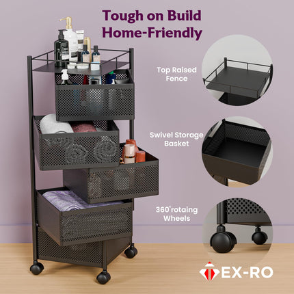 TEX-RO Kitchen Trolley with Wheels, Kitchen Organizer Items and Storage Solutions for Square Kitchen Organizer and Kitchen Accessories Items (Black,Layer 5) Metal 