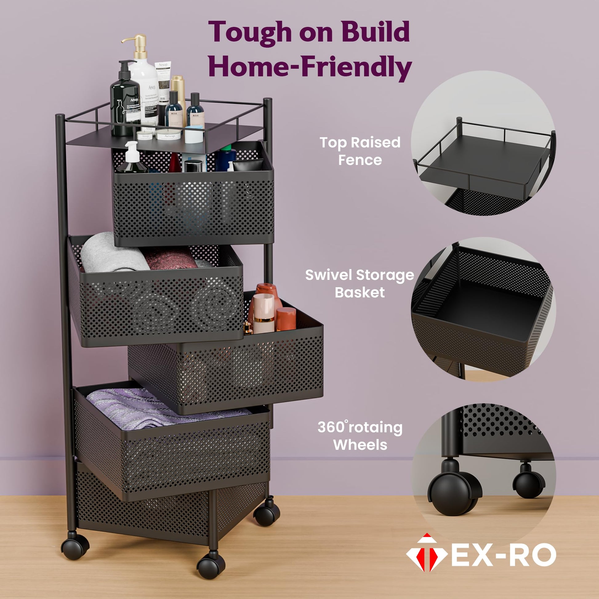 TEX-RO Kitchen Trolley with Wheels, Kitchen Organizer Items and Storage Solutions for Square Kitchen Organizer and Kitchen Accessories Items (Black,Layer 5) Metal 