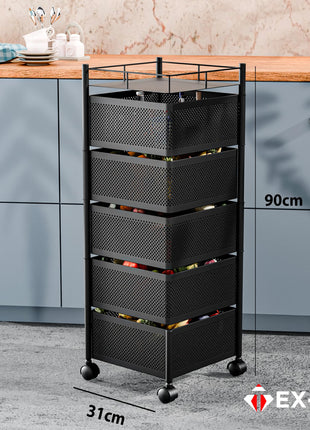 TEX-RO Kitchen Trolley with Wheels, Kitchen Organizer Items and Storage Solutions for Square Kitchen Organizer and Kitchen Accessories Items (Black,Layer 5) Metal 
