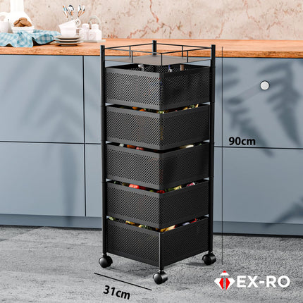 TEX-RO Kitchen Trolley with Wheels, Kitchen Organizer Items and Storage Solutions for Square Kitchen Organizer and Kitchen Accessories Items (Black,Layer 5) Metal 