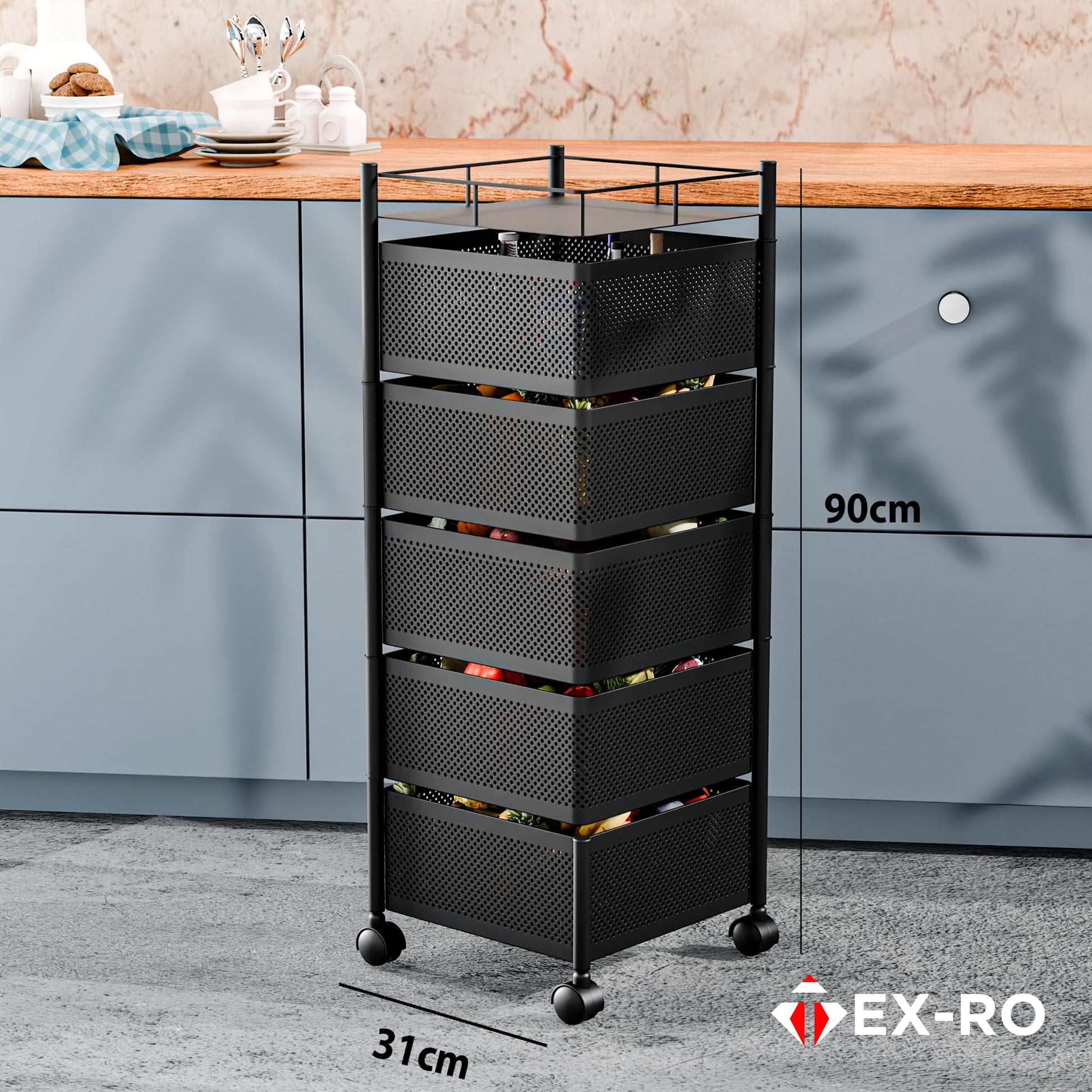 TEX-RO Kitchen Trolley with Wheels, Kitchen Organizer Items and Storage Solutions for Square Kitchen Organizer and Kitchen Accessories Items (Black,Layer 5) Metal 