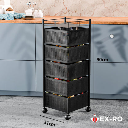 TEX-RO Kitchen Trolley with Wheels, Kitchen Organizer Items and Storage Solutions for Square Kitchen Organizer and Kitchen Accessories Items (Black,Layer 5) Metal 