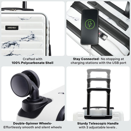 THE ASSEMBLY Hard Shell Spinner Cabin 4 Wheels Trolley Bag With Laptop Compartment (55 Cms) - Premium Polycarbonate Luggage With In-Built Tsa Lock & Usb Port For Flight Travel-Stark, White 