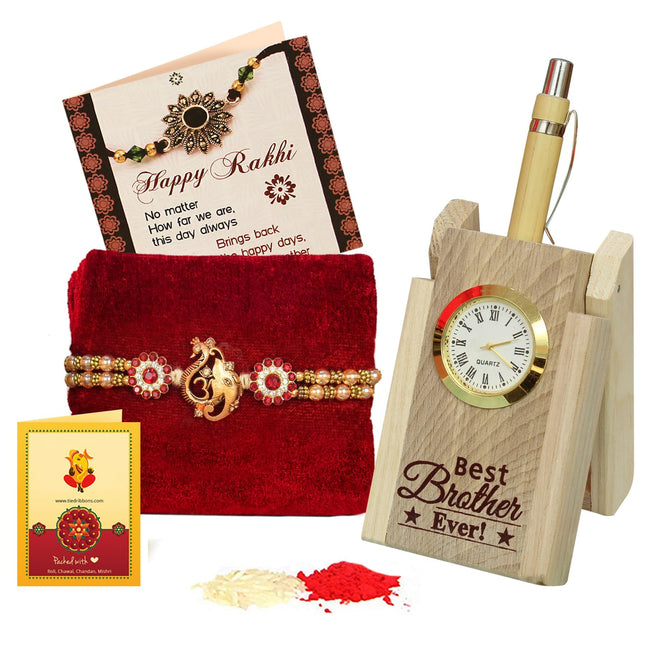 TIED RIBBONS Men Rakhi Gifts For Brother - Premium Rakhi With Rakshabandhan Wooden Pen Stand Greeting Card- Rakhi For Brother 