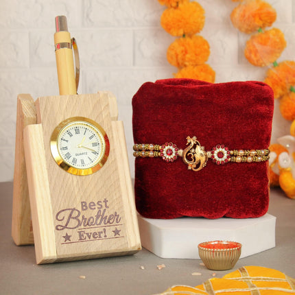 TIED RIBBONS Men Rakhi Gifts For Brother - Premium Rakhi With Rakshabandhan Wooden Pen Stand Greeting Card- Rakhi For Brother 