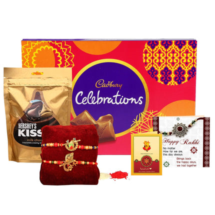 TIED RIBBONS Rakhi For Brother Chocolates Combo With Gift - Set Of 2 Premium Rakhi With Chocolates Pack Mini Greeting Card And Roli Chawal - Rakhi Gift For Brother, 250 Gram 