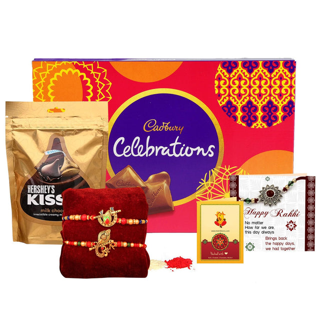 TIED RIBBONS Rakhi For Brother Chocolates Combo With Gift - Set Of 2 Premium Rakhi With Chocolates Pack Mini Greeting Card And Roli Chawal - Rakhi Gift For Brother, 250 Gram 