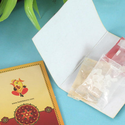 TIED RIBBONS Rakhi For Brother Chocolates Combo With Gift - Set Of 2 Premium Rakhi With Chocolates Pack Mini Greeting Card And Roli Chawal - Rakhi Gift For Brother, 250 Gram 