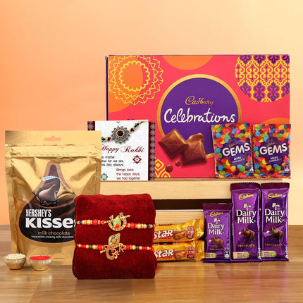 TIED RIBBONS Rakhi For Brother Chocolates Combo With Gift - Set Of 2 Premium Rakhi With Chocolates Pack Mini Greeting Card And Roli Chawal - Rakhi Gift For Brother, 250 Gram 