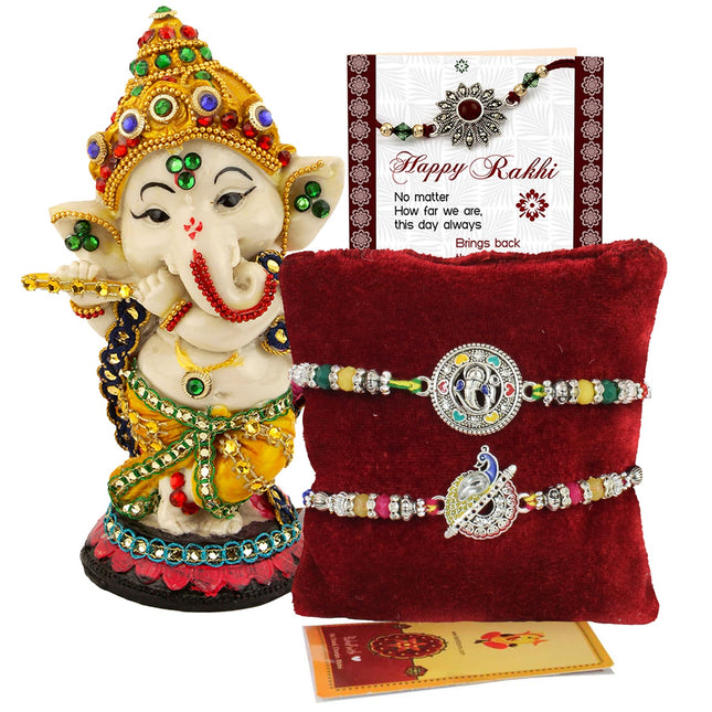 TIED RIBBONS Rakhi for Brother with Gift Combo - Premium Silver Rakhi Set of 2 with Ganesha Idol Statue and Card Tikka - Rakshabandhan Gifts for Brother Bhaiya Bhabhi Men Kids Boys (Design 1) 