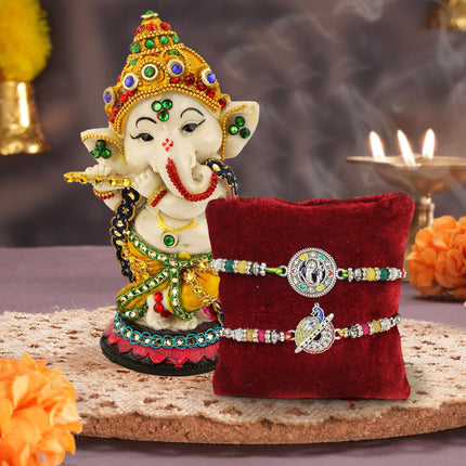 TIED RIBBONS Rakhi for Brother with Gift Combo - Premium Silver Rakhi Set of 2 with Ganesha Idol Statue and Card Tikka - Rakshabandhan Gifts for Brother Bhaiya Bhabhi Men Kids Boys (Design 1) 