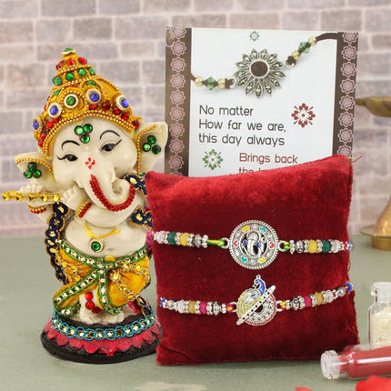 TIED RIBBONS Rakhi for Brother with Gift Combo - Premium Silver Rakhi Set of 2 with Ganesha Idol Statue and Card Tikka - Rakshabandhan Gifts for Brother Bhaiya Bhabhi Men Kids Boys (Design 1) 