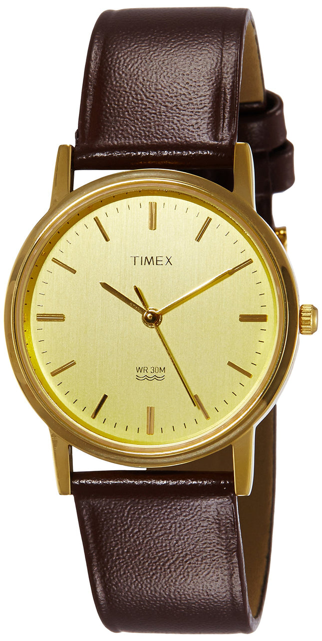 TIMEX Leather Classics Men's Quartz Analog Champagne Dial Round Case 3 Hands Function Watch -A301, Dial_Gold, Band_Black 