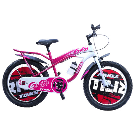 TONY RAW Bicycles Gigi Sports BMX Single Speed Steel Frame 20T Bicycle Cycle for Kids 7 to 10 Years Boys & Girls Double Back Seat with Side Stand and Water Sipper Pink White 