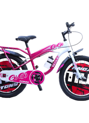 TONY RAW Bicycles Gigi Sports BMX Single Speed Steel Frame 20T Bicycle Cycle for Kids 7 to 10 Years Boys & Girls Double Back Seat with Side Stand and Water Sipper Pink White 