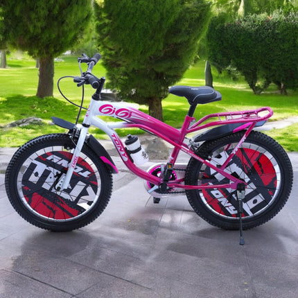 TONY RAW Bicycles Gigi Sports BMX Single Speed Steel Frame 20T Bicycle Cycle for Kids 7 to 10 Years Boys & Girls Double Back Seat with Side Stand and Water Sipper Pink White 