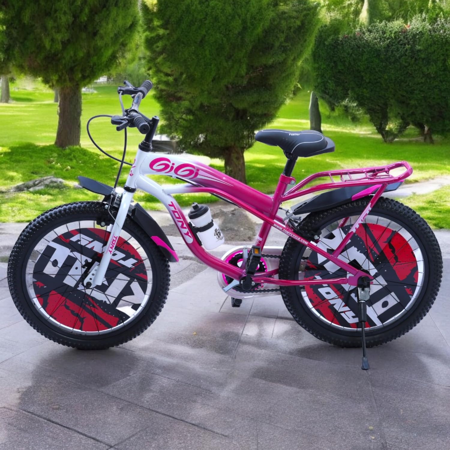 TONY RAW Bicycles Gigi Sports BMX Single Speed Steel Frame 20T Bicycle Cycle for Kids 7 to 10 Years Boys & Girls Double Back Seat with Side Stand and Water Sipper Pink White 