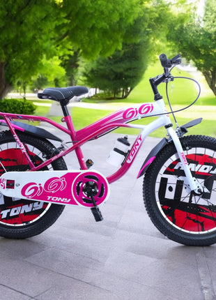 TONY RAW Bicycles Gigi Sports BMX Single Speed Steel Frame 20T Bicycle Cycle for Kids 7 to 10 Years Boys & Girls Double Back Seat with Side Stand and Water Sipper Pink White 