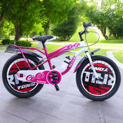 TONY RAW Bicycles Gigi Sports BMX Single Speed Steel Frame 20T Bicycle Cycle for Kids 7 to 10 Years Boys & Girls Double Back Seat with Side Stand and Water Sipper Pink White 