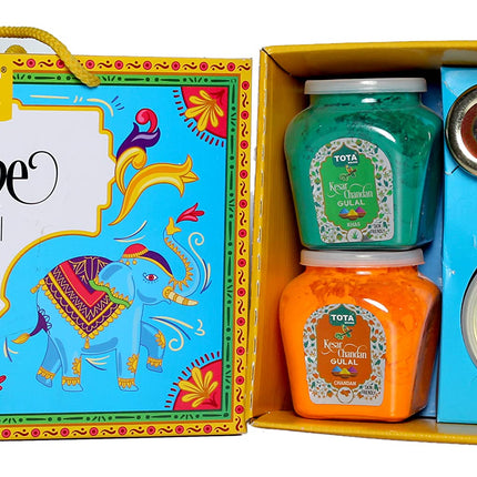 TOTA Divine Holi Gift Pack – 4 Flavours × 100g Herbal Gulal with 2 Mukwas and 1 Chandan Tika | Organic Holi Colours Powder | Gifts Hamper – Set of 4 Holi Gulal Jar + Mouth freshner + Chandan Tilak 