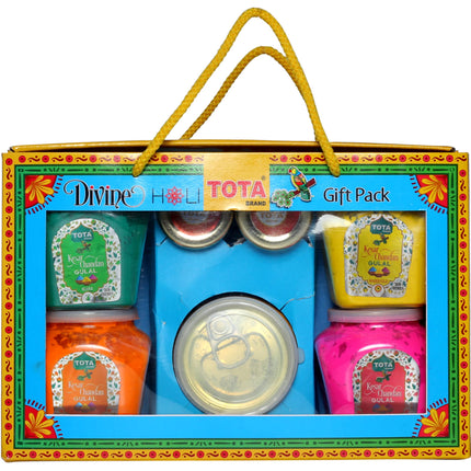 TOTA Divine Holi Gift Pack – 4 Flavours × 100g Herbal Gulal with 2 Mukwas and 1 Chandan Tika | Organic Holi Colours Powder | Gifts Hamper – Set of 4 Holi Gulal Jar + Mouth freshner + Chandan Tilak 