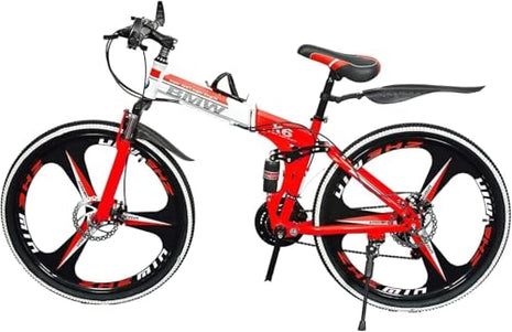 TRZINO BMV X6 Foldable Cruiser Bicycle | 26-Inch Red & Black Bike with 21-Speed Gears, Dual Disc Brakes, Hydraulic Suspension, and Strong Carbon Steel Frame | Great for Off-Road Adventures 