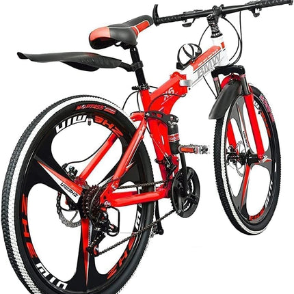 TRZINO BMV X6 Foldable Cruiser Bicycle | 26-Inch Red & Black Bike with 21-Speed Gears, Dual Disc Brakes, Hydraulic Suspension, and Strong Carbon Steel Frame | Great for Off-Road Adventures 