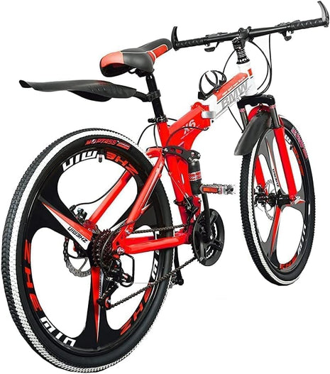 TRZINO BMV X6 Foldable Cruiser Bicycle | 26-Inch Red & Black Bike with 21-Speed Gears, Dual Disc Brakes, Hydraulic Suspension, and Strong Carbon Steel Frame | Great for Off-Road Adventures 