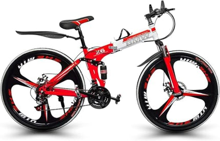 TRZINO BMV X6 Foldable Cruiser Bicycle | 26-Inch Red & Black Bike with 21-Speed Gears, Dual Disc Brakes, Hydraulic Suspension, and Strong Carbon Steel Frame | Great for Off-Road Adventures 