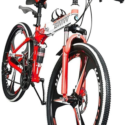TRZINO BMV X6 Foldable Cruiser Bicycle | 26-Inch Red & Black Bike with 21-Speed Gears, Dual Disc Brakes, Hydraulic Suspension, and Strong Carbon Steel Frame | Great for Off-Road Adventures 