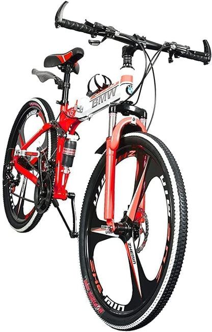 TRZINO BMV X6 Foldable Cruiser Bicycle | 26-Inch Red & Black Bike with 21-Speed Gears, Dual Disc Brakes, Hydraulic Suspension, and Strong Carbon Steel Frame | Great for Off-Road Adventures 