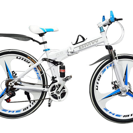 TRZINO BMV X6 Foldable Cruiser Bicycle | 26-Inch White Bike with 21-Speed Gears, Dual Disc Brakes, Hydraulic Suspension, and Strong Carbon Steel Frame | Great for City Rides and Off-Road Adventures 