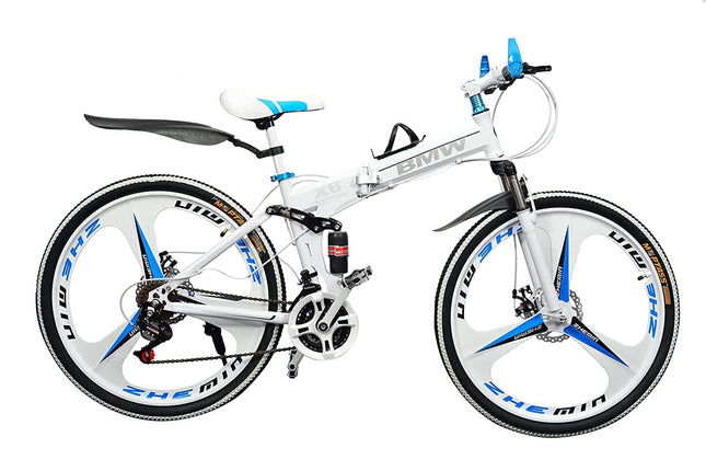 TRZINO BMV X6 Foldable Cruiser Bicycle | 26-Inch White Bike with 21-Speed Gears, Dual Disc Brakes, Hydraulic Suspension, and Strong Carbon Steel Frame | Great for City Rides and Off-Road Adventures 