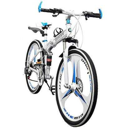 TRZINO BMV X6 Foldable Cruiser Bicycle | 26-Inch White Bike with 21-Speed Gears, Dual Disc Brakes, Hydraulic Suspension, and Strong Carbon Steel Frame | Great for City Rides and Off-Road Adventures 
