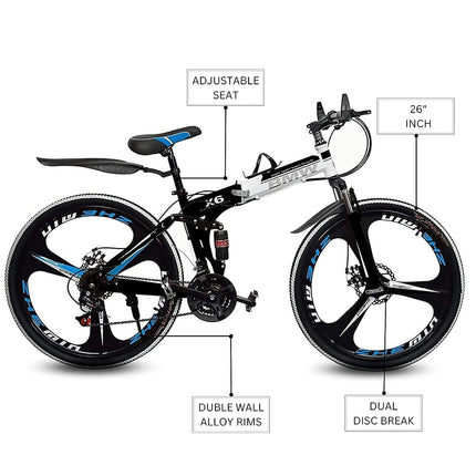 TRZINO BMV X6 Foldable Cruiser Bicycle | 26-Inch White Bike with 21-Speed Gears, Dual Disc Brakes, Hydraulic Suspension, and Strong Carbon Steel Frame | Great for City Rides and Off-Road Adventures 