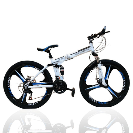 TRZINO BMV X6 Foldable Cruiser Bicycle | 26-Inch White Bike with 21-Speed Gears, Dual Disc Brakes, Hydraulic Suspension, and Strong Carbon Steel Frame | Great for City Rides and Off-Road Adventures 