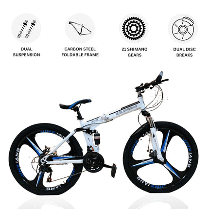 TRZINO BMV X6 Foldable Cruiser Bicycle | 26-Inch White Bike with 21-Speed Gears, Dual Disc Brakes, Hydraulic Suspension, and Strong Carbon Steel Frame | Great for City Rides and Off-Road Adventures 