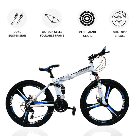 TRZINO BMV X6 Foldable Cruiser Bicycle | 26-Inch White Bike with 21-Speed Gears, Dual Disc Brakes, Hydraulic Suspension, and Strong Carbon Steel Frame | Great for City Rides and Off-Road Adventures 