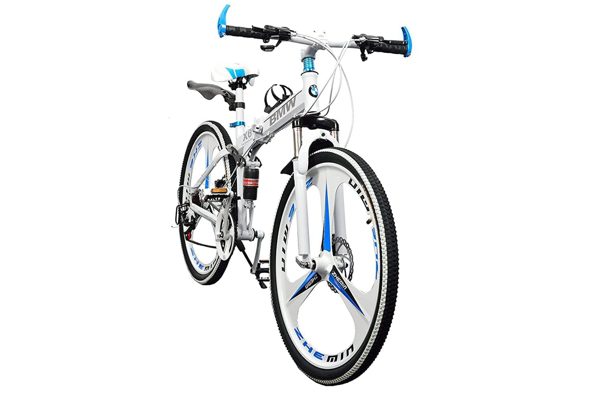 TRZINO BMV X6 Foldable Cruiser Bicycle | 26-Inch White Bike with 21-Speed Gears, Dual Disc Brakes, Hydraulic Suspension, and Strong Carbon Steel Frame | Great for City Rides and Off-Road Adventures 