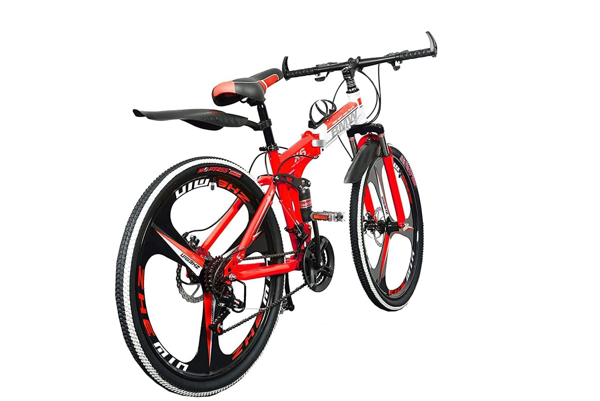 TRZINO BMV X6 Foldable Cruiser Bicycle | 26-Inch White Bike with 21-Speed Gears, Dual Disc Brakes, Hydraulic Suspension, and Strong Carbon Steel Frame | Great for City Rides and Off-Road Adventures 