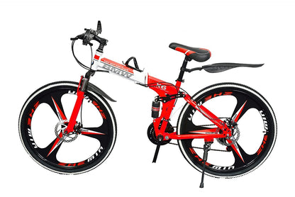 TRZINO BMV X6 Foldable Cruiser Bicycle | 26-Inch White Bike with 21-Speed Gears, Dual Disc Brakes, Hydraulic Suspension, and Strong Carbon Steel Frame | Great for City Rides and Off-Road Adventures 