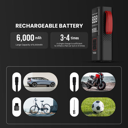 TUSA Cordless Tyre Inflator - 6000 mAh Battery - 2X Faster Inflation - Dual Mode (Battery & 12V Car Port), 150PSI Air Compressor for Cars, Bikes, Motorcycles, Balls, and Inflatables (Red) 