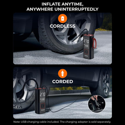 TUSA Cordless Tyre Inflator - 6000 mAh Battery - 2X Faster Inflation - Dual Mode (Battery & 12V Car Port), 150PSI Air Compressor for Cars, Bikes, Motorcycles, Balls, and Inflatables (Red) 