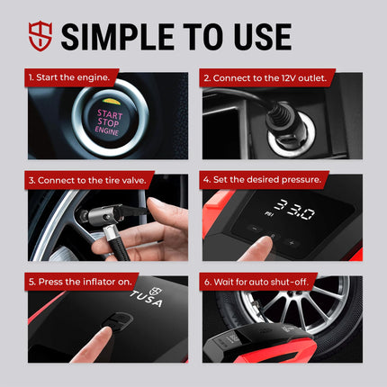 TUSA Tyre Inflator for Car - 150 PSI, 12V DC Portable Air Compressor with Digital Tire Pressure Gauge & LED Light | Car Accessories, Auto Air Pump for Cars, Motorcycle, Bicycles & Other Inflatables 