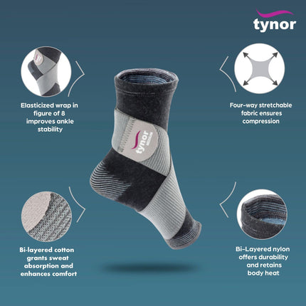 TYNOR Ankle Binder, Grey, Large, 1 Unit Wrist Brace with Thumb for wrist support, Grey, Universal Size, Non toxic,1 Unit 