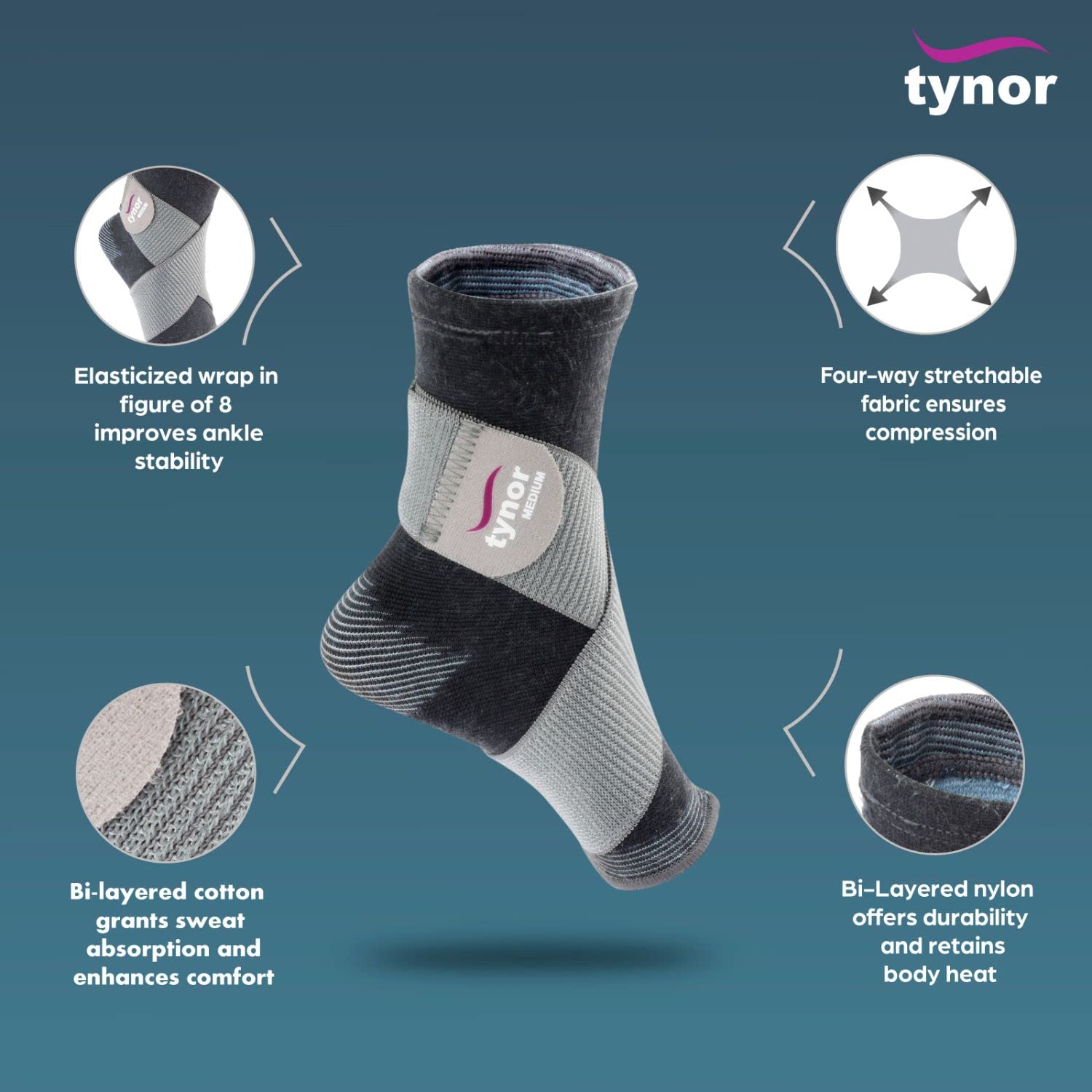 TYNOR Ankle Binder, Grey, Large, 1 Unit Wrist Brace with Thumb for wrist support, Grey, Universal Size, Non toxic,1 Unit 