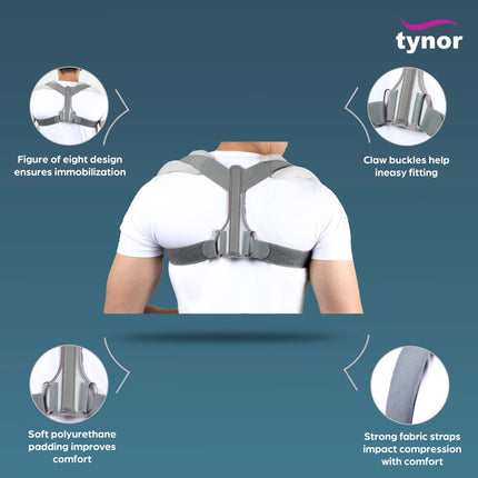 TYNOR Clavicle Brace with Fastening Tape, for Posture Correction & Collar Bone Support | Comfortable & Adjustable Shoulder Strap Brace for Fractures, Pain Relief & Recovery – Pack of 1 (Grey, Large) 