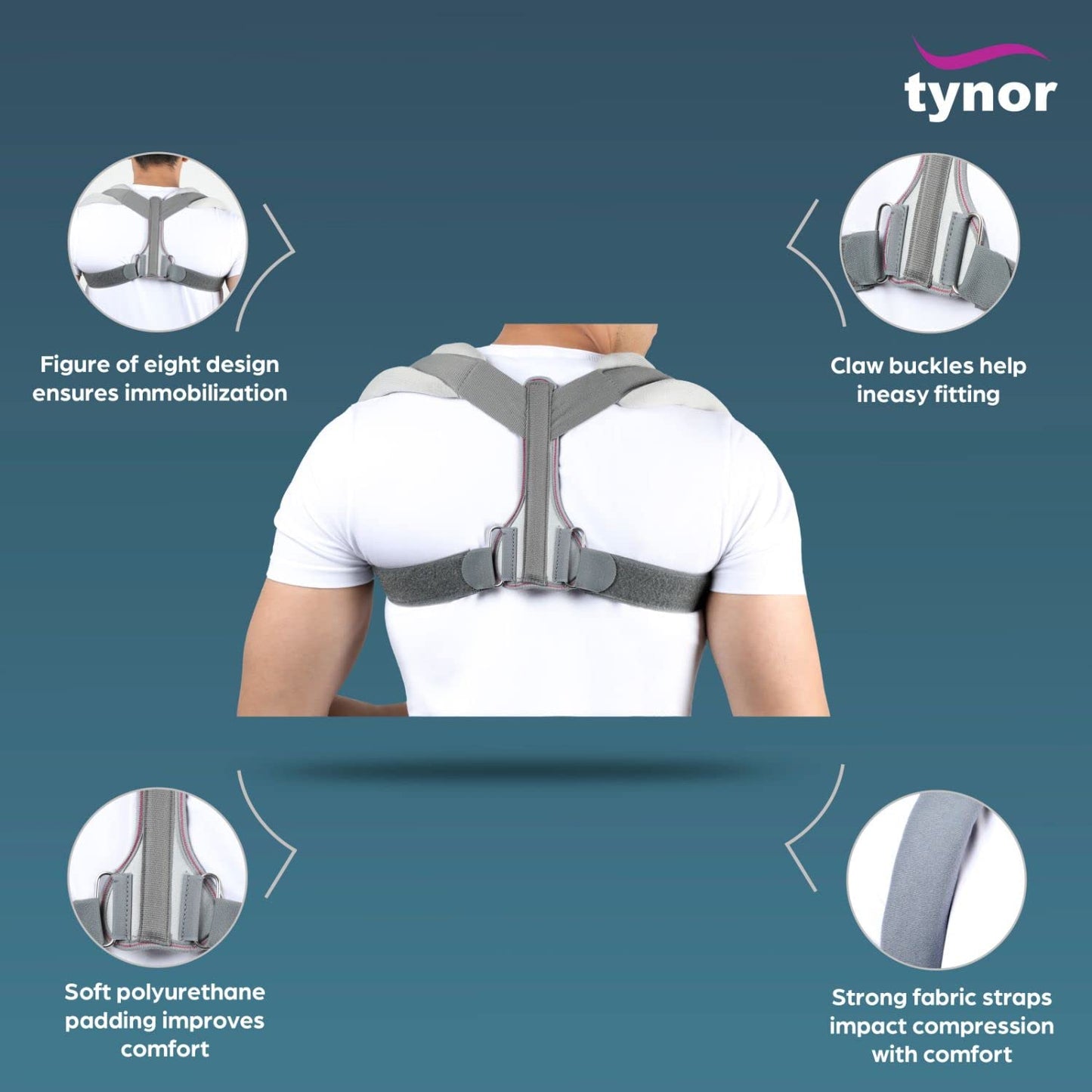 TYNOR Clavicle Brace with Fastening Tape, for Posture Correction & Collar Bone Support | Comfortable & Adjustable Shoulder Strap Brace for Fractures, Pain Relief & Recovery – Pack of 1 (Grey, Large) 