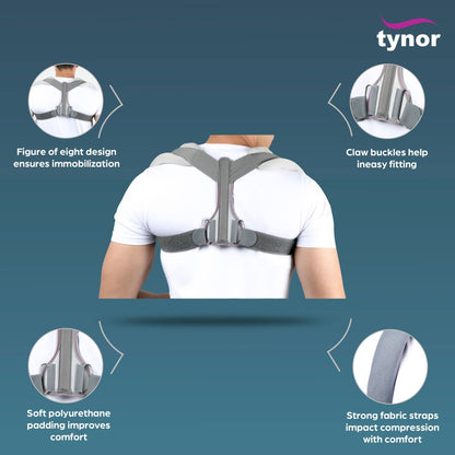 TYNOR Clavicle Brace with Fastening Tape, for Posture Correction & Collar Bone Support | Comfortable & Adjustable Shoulder Strap Brace for Fractures, Pain Relief & Recovery – Pack of 1 (Grey, Large) 